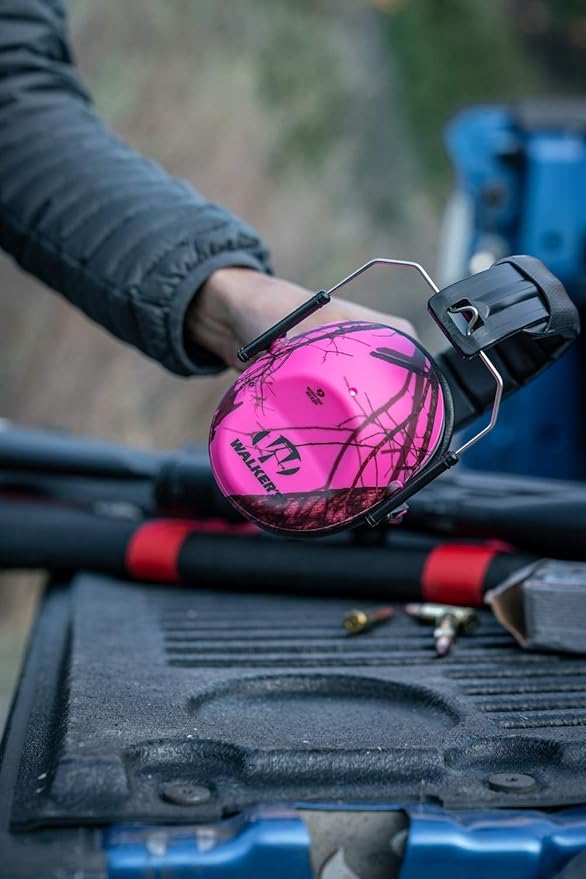 Walker's Low Profile Passive Folding Ear Muffs - Pink Mossy Oak